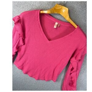 Pilcro Anthropologie Pink Ruffle Waffle Knit Thermal Top XXS Preppy Barbie Party
